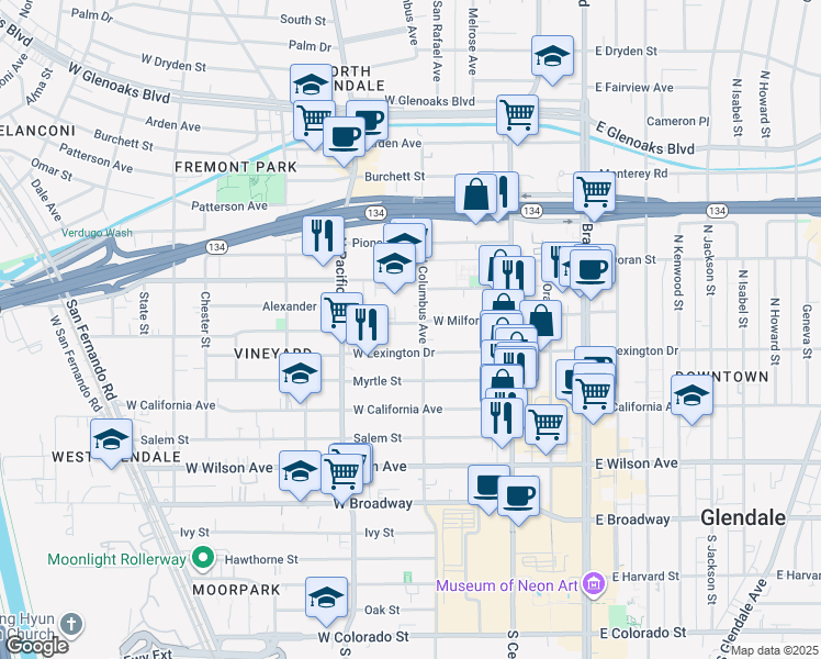 map of restaurants, bars, coffee shops, grocery stores, and more near 410 West Milford Street in Glendale