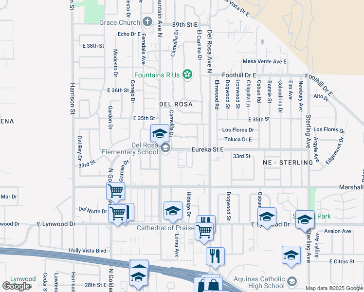 map of restaurants, bars, coffee shops, grocery stores, and more near 1490 Eureka Street East in San Bernardino