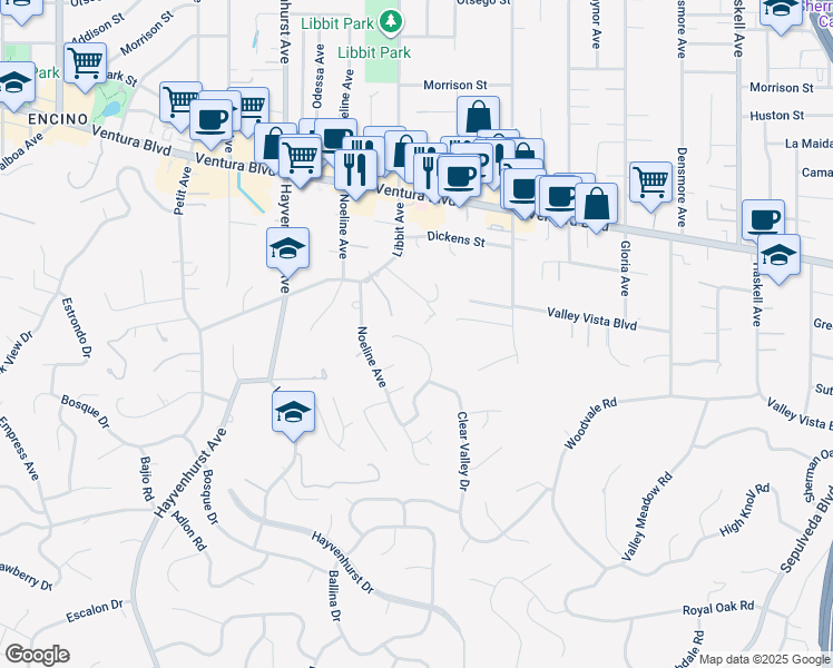 map of restaurants, bars, coffee shops, grocery stores, and more near 4440 Bergamo Drive in Los Angeles
