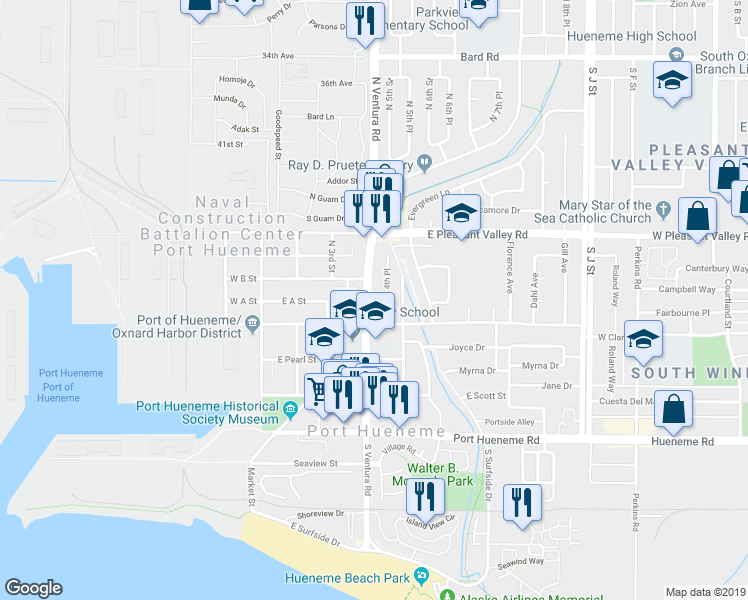 map of restaurants, bars, coffee shops, grocery stores, and more near 501 4th Place in Port Hueneme