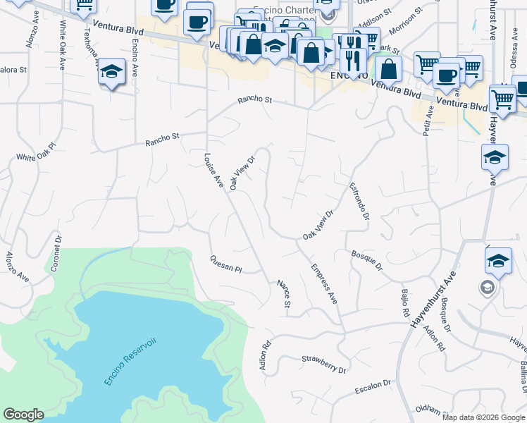 map of restaurants, bars, coffee shops, grocery stores, and more near 17100 Oak View Drive in Los Angeles