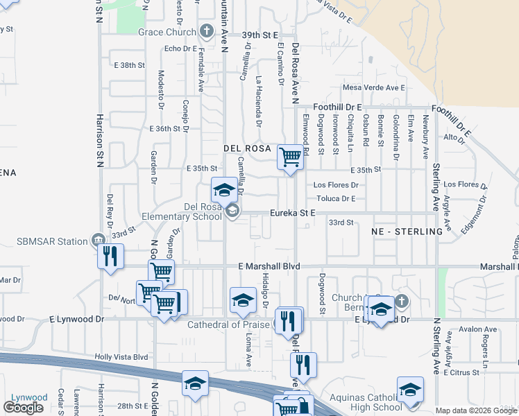 map of restaurants, bars, coffee shops, grocery stores, and more near 1510 Eureka Street East in San Bernardino