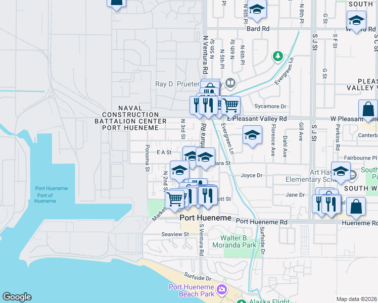 map of restaurants, bars, coffee shops, grocery stores, and more near 502 Starboard Lane in Port Hueneme