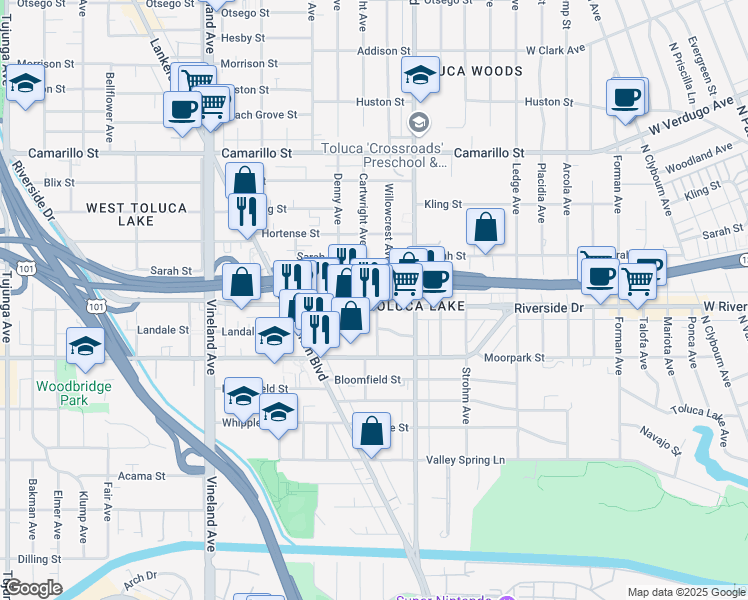 map of restaurants, bars, coffee shops, grocery stores, and more near 10654 Riverside Drive in Los Angeles