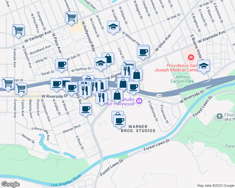 map of restaurants, bars, coffee shops, grocery stores, and more near West Olive Avenue & South Cordova Street in Burbank