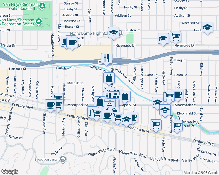 map of restaurants, bars, coffee shops, grocery stores, and more near 4477 Woodman Avenue in Los Angeles