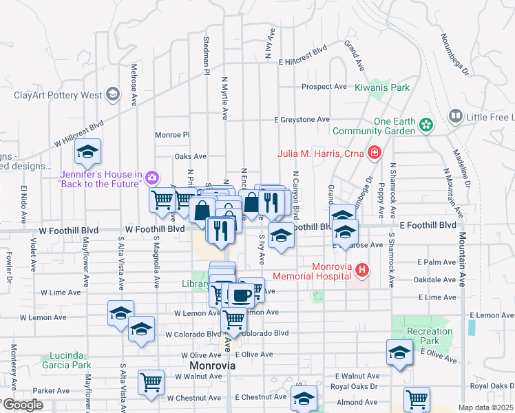map of restaurants, bars, coffee shops, grocery stores, and more near 131 North Ivy Avenue in Monrovia