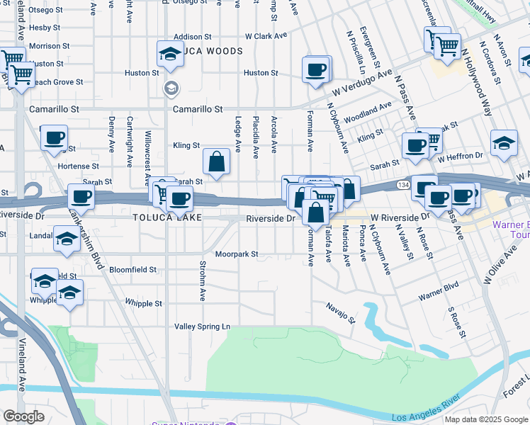 map of restaurants, bars, coffee shops, grocery stores, and more near 10311 Riverside Drive in Los Angeles