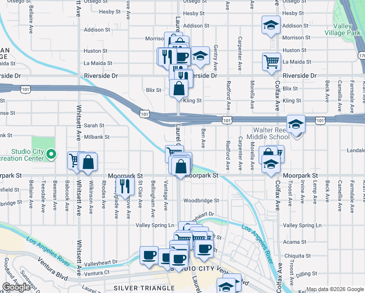 map of restaurants, bars, coffee shops, grocery stores, and more near 4500 Laurel Canyon Boulevard in Los Angeles