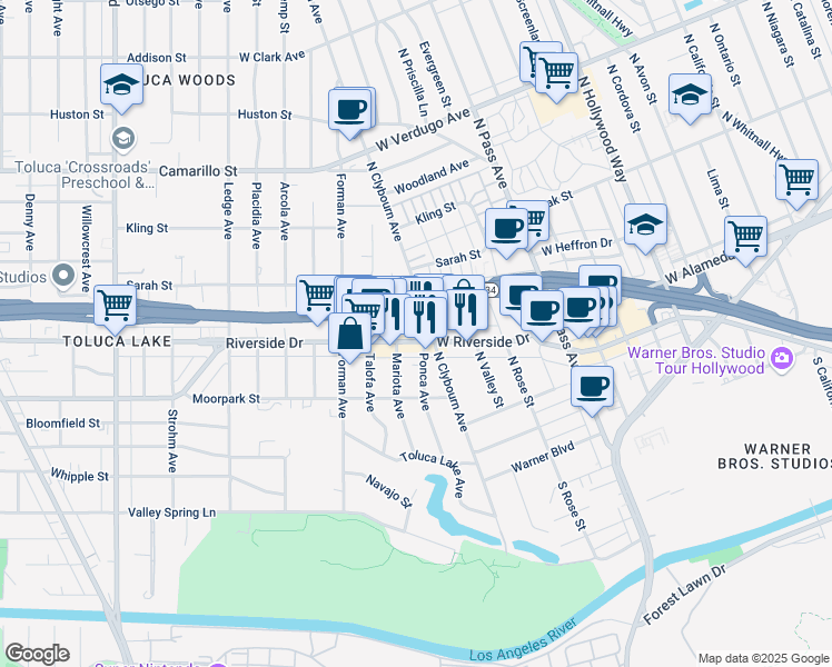 map of restaurants, bars, coffee shops, grocery stores, and more near 10050 West Riverside Drive in Los Angeles
