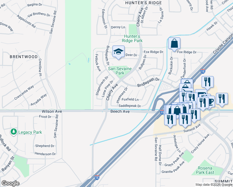 map of restaurants, bars, coffee shops, grocery stores, and more near 14680 Foxfield Lane in Fontana