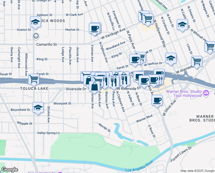 map of restaurants, bars, coffee shops, grocery stores, and more near 10067 Riverside Drive in Los Angeles