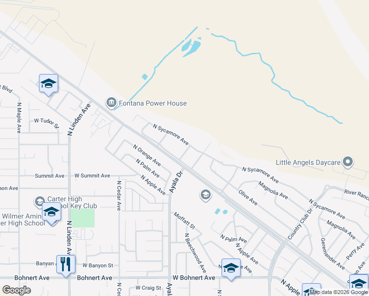 map of restaurants, bars, coffee shops, grocery stores, and more near 5625 Riverside Avenue in Rialto
