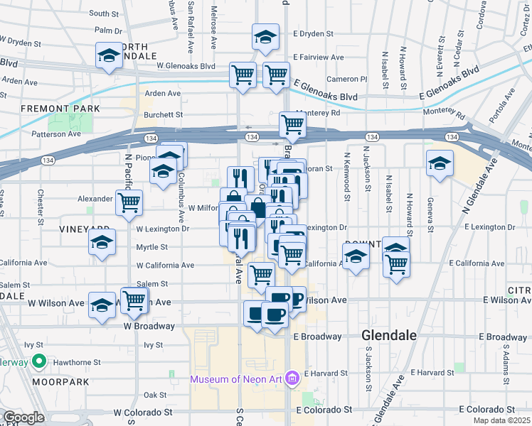map of restaurants, bars, coffee shops, grocery stores, and more near 414 North Orange Street in Glendale