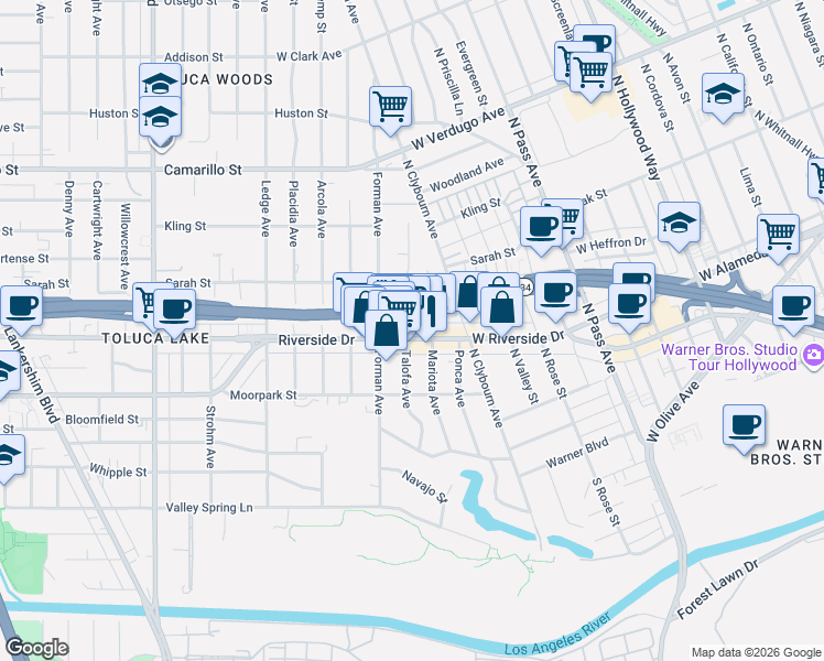map of restaurants, bars, coffee shops, grocery stores, and more near 10119 Riverside Drive in Los Angeles