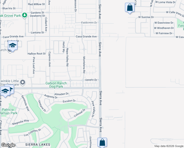 map of restaurants, bars, coffee shops, grocery stores, and more near 16714 Stag's Leap Lane in Fontana