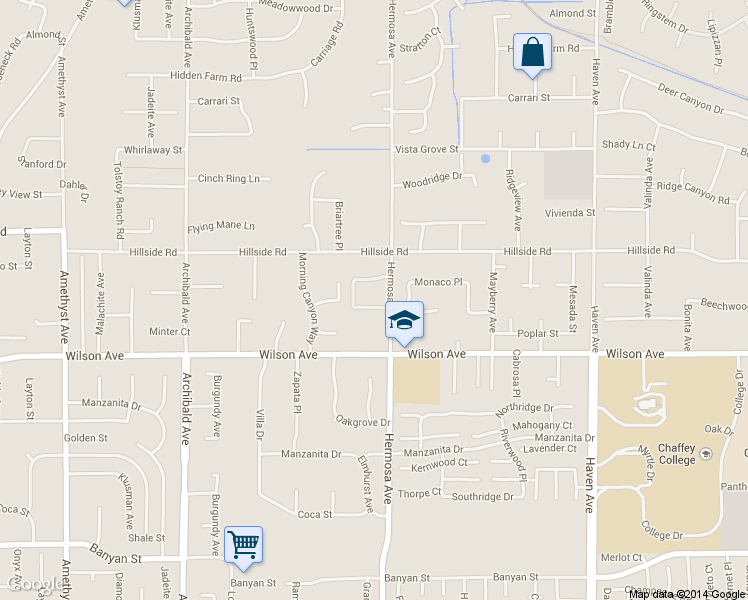 map of restaurants, bars, coffee shops, grocery stores, and more near 10081 Waterford Lane in Rancho Cucamonga