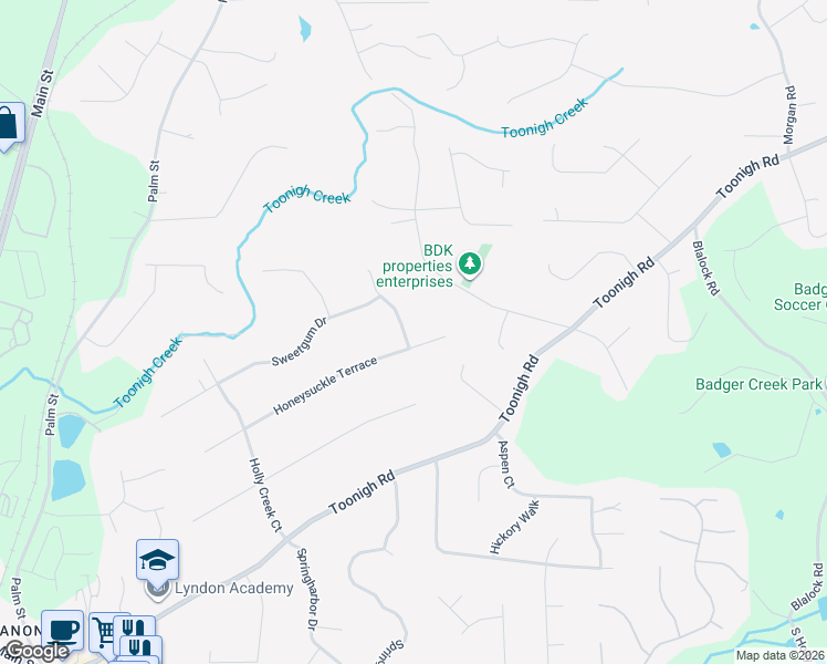 map of restaurants, bars, coffee shops, grocery stores, and more near 500 Honeysuckle Ln in Woodstock