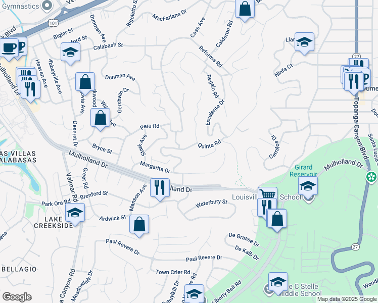 map of restaurants, bars, coffee shops, grocery stores, and more near 22628 Quinta Road in Los Angeles