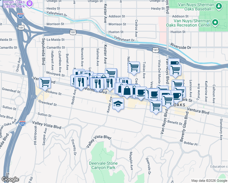 map of restaurants, bars, coffee shops, grocery stores, and more near 14827 Ventura Boulevard in Los Angeles