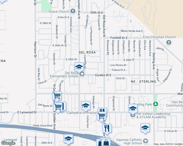 map of restaurants, bars, coffee shops, grocery stores, and more near 1510 Eureka Street East in San Bernardino