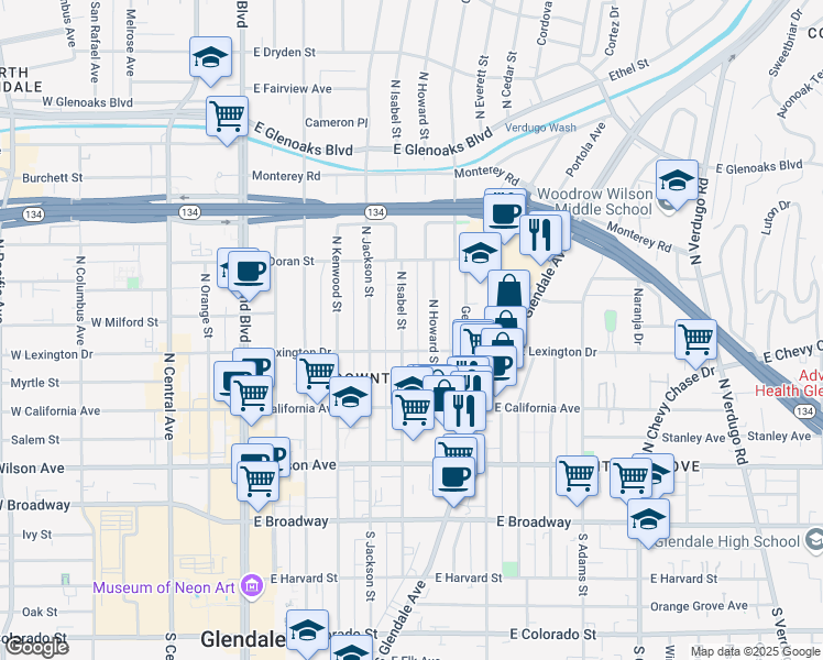 map of restaurants, bars, coffee shops, grocery stores, and more near 416 North Isabel Street in Glendale
