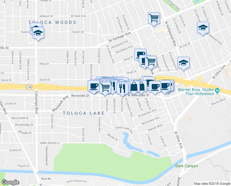 map of restaurants, bars, coffee shops, grocery stores, and more near 10067 Riverside Drive in Los Angeles