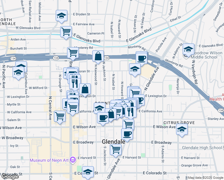 map of restaurants, bars, coffee shops, grocery stores, and more near 417 North Isabel Street in Glendale