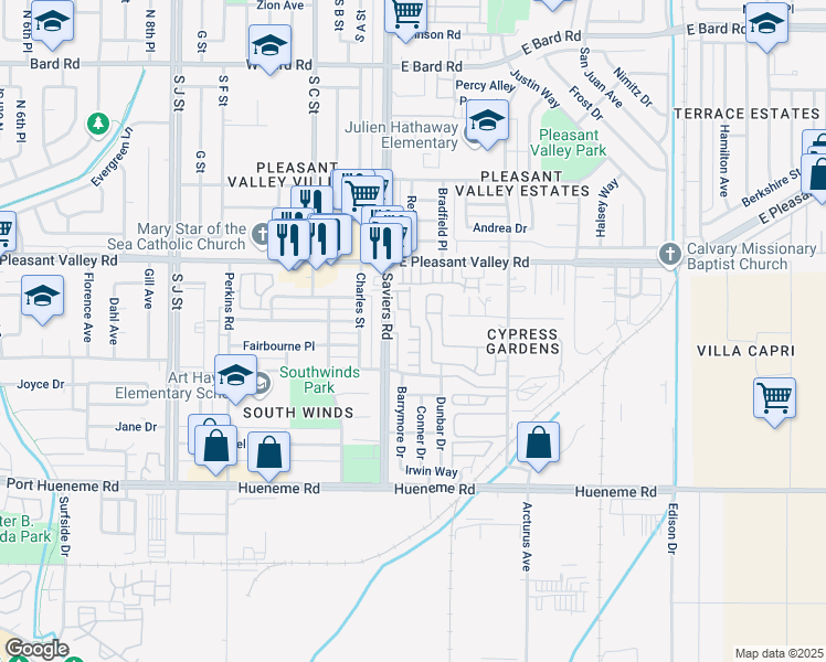 map of restaurants, bars, coffee shops, grocery stores, and more near 5225 Columbus Place in Oxnard