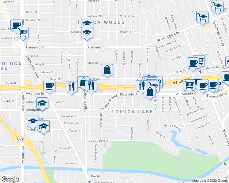 map of restaurants, bars, coffee shops, grocery stores, and more near 10409 Riverside Drive in Los Angeles