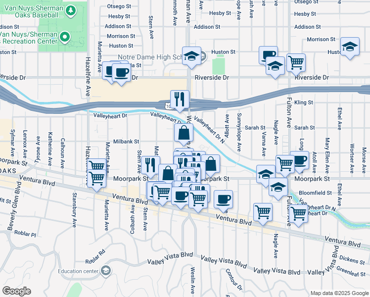map of restaurants, bars, coffee shops, grocery stores, and more near 4477 Woodman Avenue in Los Angeles