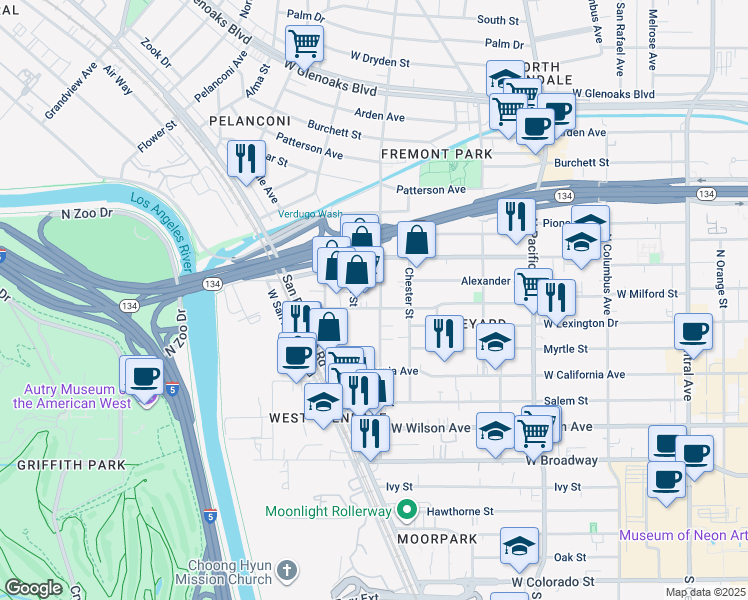 map of restaurants, bars, coffee shops, grocery stores, and more near 735 West Milford Street in Glendale