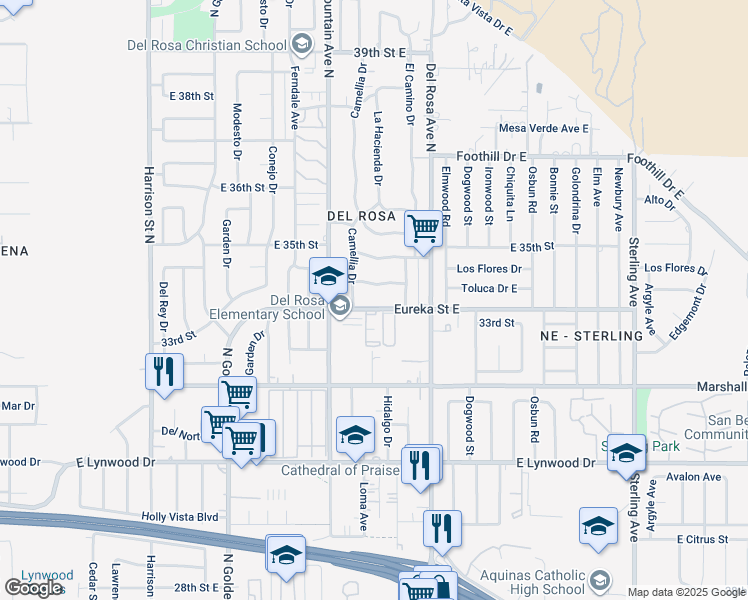 map of restaurants, bars, coffee shops, grocery stores, and more near 1490 Eureka Street East in San Bernardino