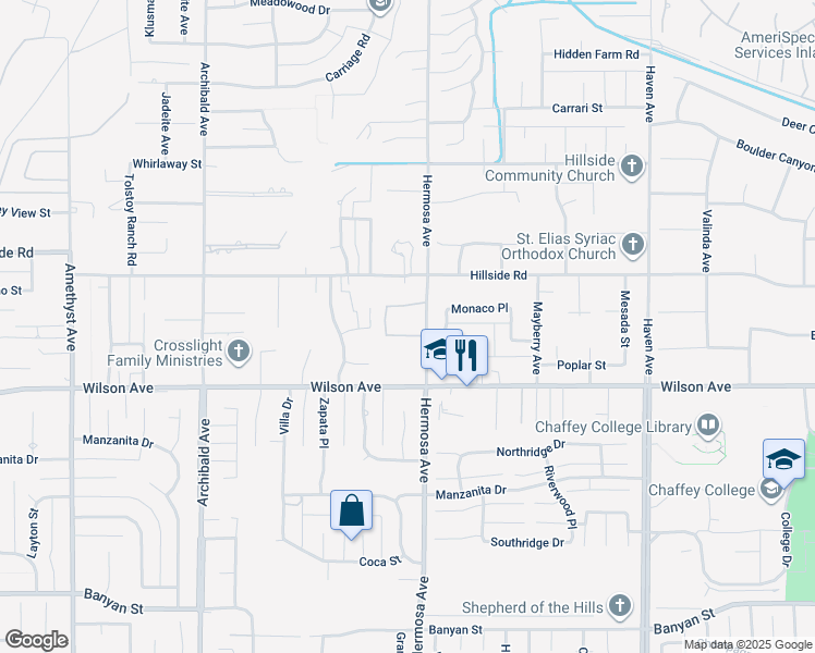 map of restaurants, bars, coffee shops, grocery stores, and more near 10081 Waterford Lane in Rancho Cucamonga
