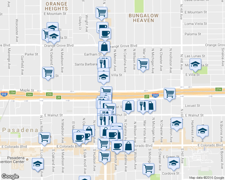 map of restaurants, bars, coffee shops, grocery stores, and more near 340 North Lake Avenue in Pasadena