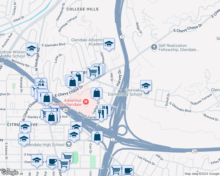 map of restaurants, bars, coffee shops, grocery stores, and more near 1809 Orchard Avenue in Glendale