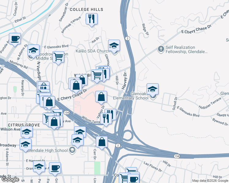 map of restaurants, bars, coffee shops, grocery stores, and more near 1809 Orchard Avenue in Glendale