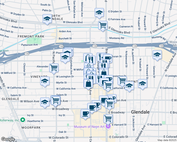 map of restaurants, bars, coffee shops, grocery stores, and more near 405 North Central Avenue in Glendale