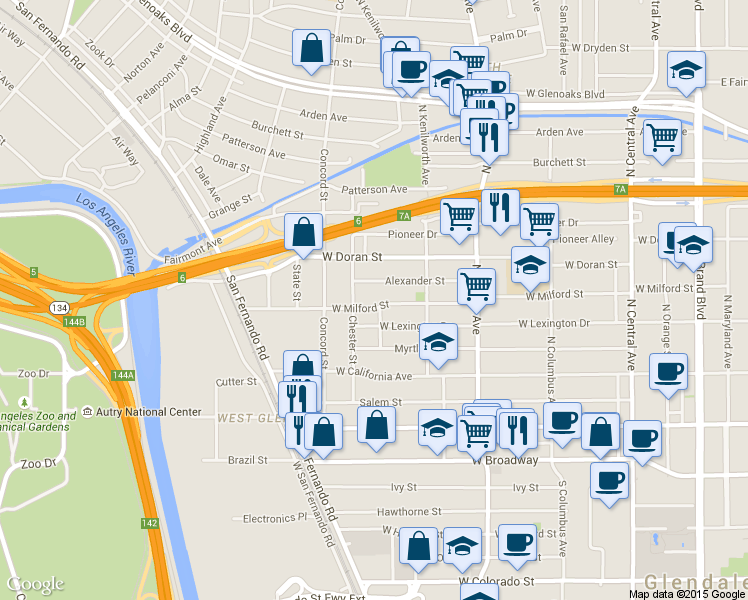 map of restaurants, bars, coffee shops, grocery stores, and more near 650 West Milford Street in Glendale