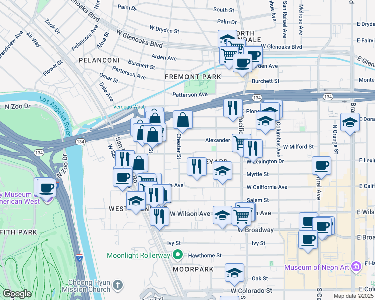 map of restaurants, bars, coffee shops, grocery stores, and more near 650 West Milford Street in Glendale
