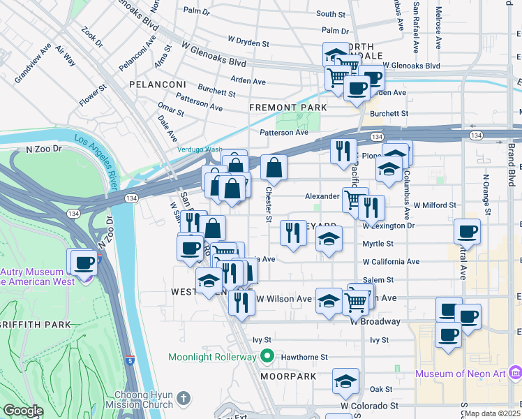 map of restaurants, bars, coffee shops, grocery stores, and more near 710 West Milford Street in Glendale