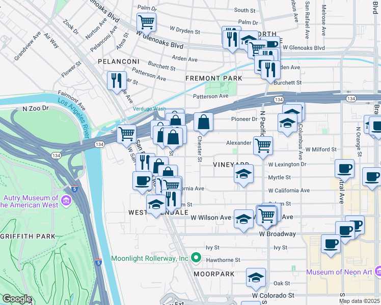 map of restaurants, bars, coffee shops, grocery stores, and more near 710 West Milford Street in Glendale