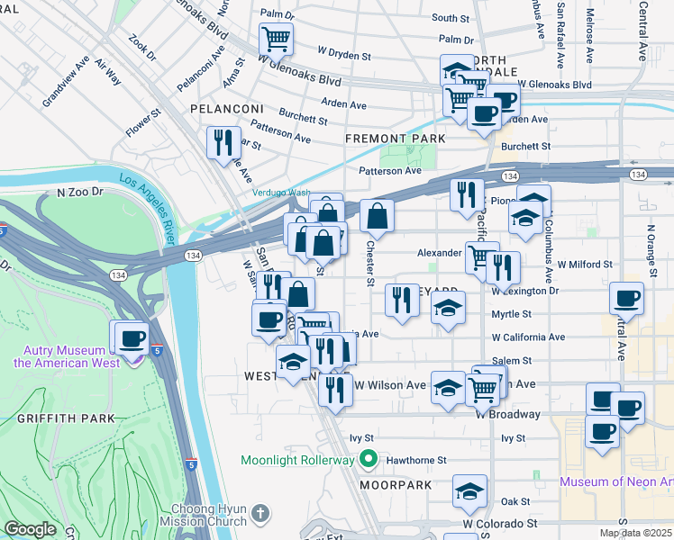map of restaurants, bars, coffee shops, grocery stores, and more near 409 Concord Street in Glendale