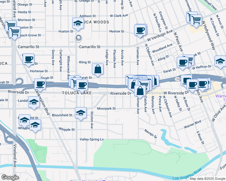 map of restaurants, bars, coffee shops, grocery stores, and more near 4450 Placidia Avenue in Los Angeles