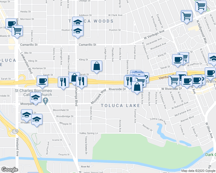 map of restaurants, bars, coffee shops, grocery stores, and more near 4461 Moorpark Way in Los Angeles