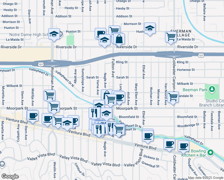 map of restaurants, bars, coffee shops, grocery stores, and more near 4450 Fulton Avenue in Los Angeles