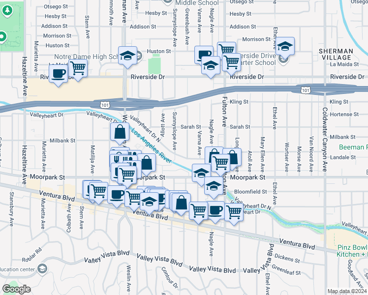 map of restaurants, bars, coffee shops, grocery stores, and more near 4525 Greenbush Avenue in Los Angeles