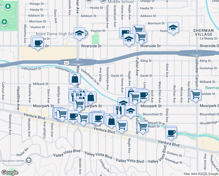 map of restaurants, bars, coffee shops, grocery stores, and more near 13455 Valleyheart Drive in Los Angeles