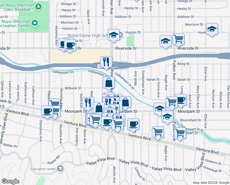 map of restaurants, bars, coffee shops, grocery stores, and more near 4458 Woodman Avenue in Los Angeles