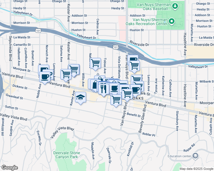 map of restaurants, bars, coffee shops, grocery stores, and more near 14635 Ventura Boulevard in Los Angeles